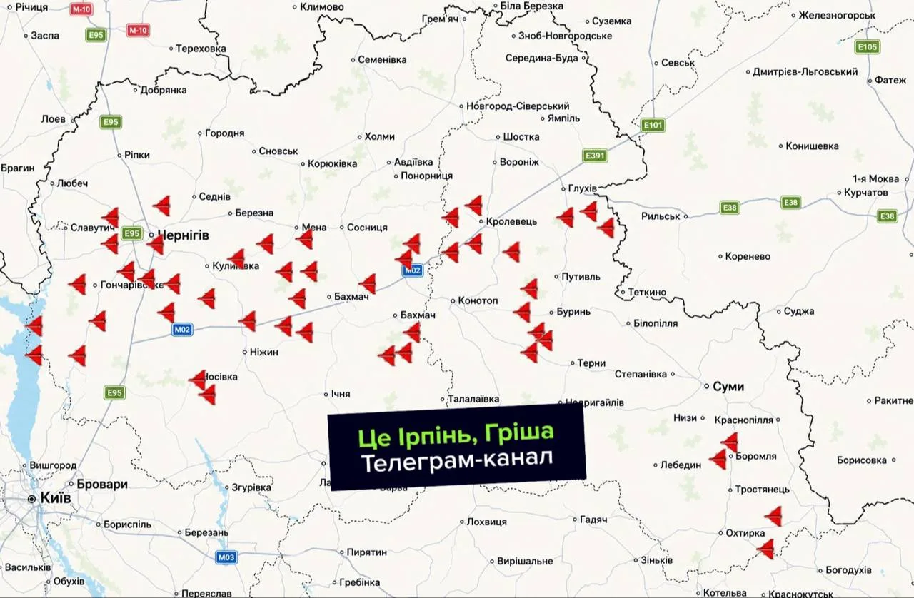 Карта України з позначеннями напрямків руху безпілотників червоними стрілками
