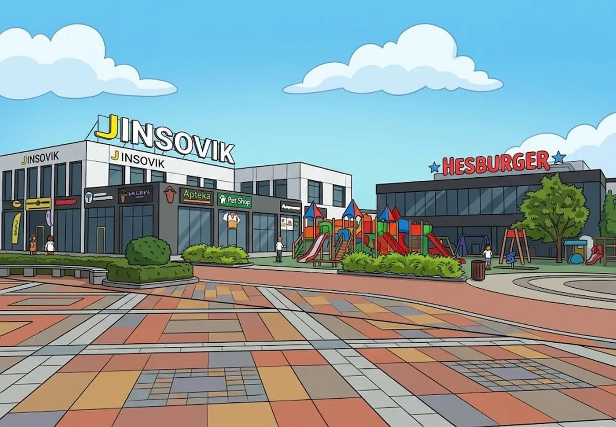 Будівля магазину JINSOVIK з дитячим майданчиком на площі