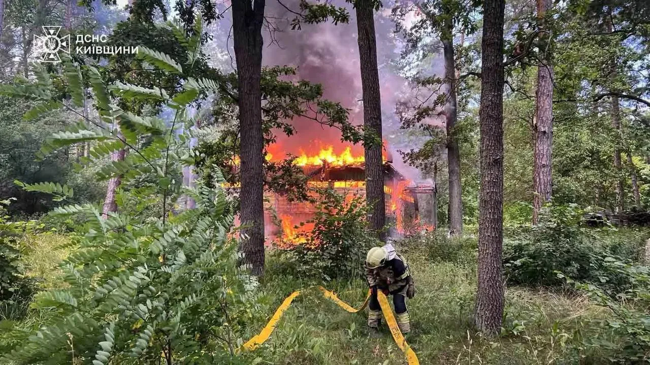 Пожежа в лісі, пожежник з жовтим шлангом гасить вогонь
