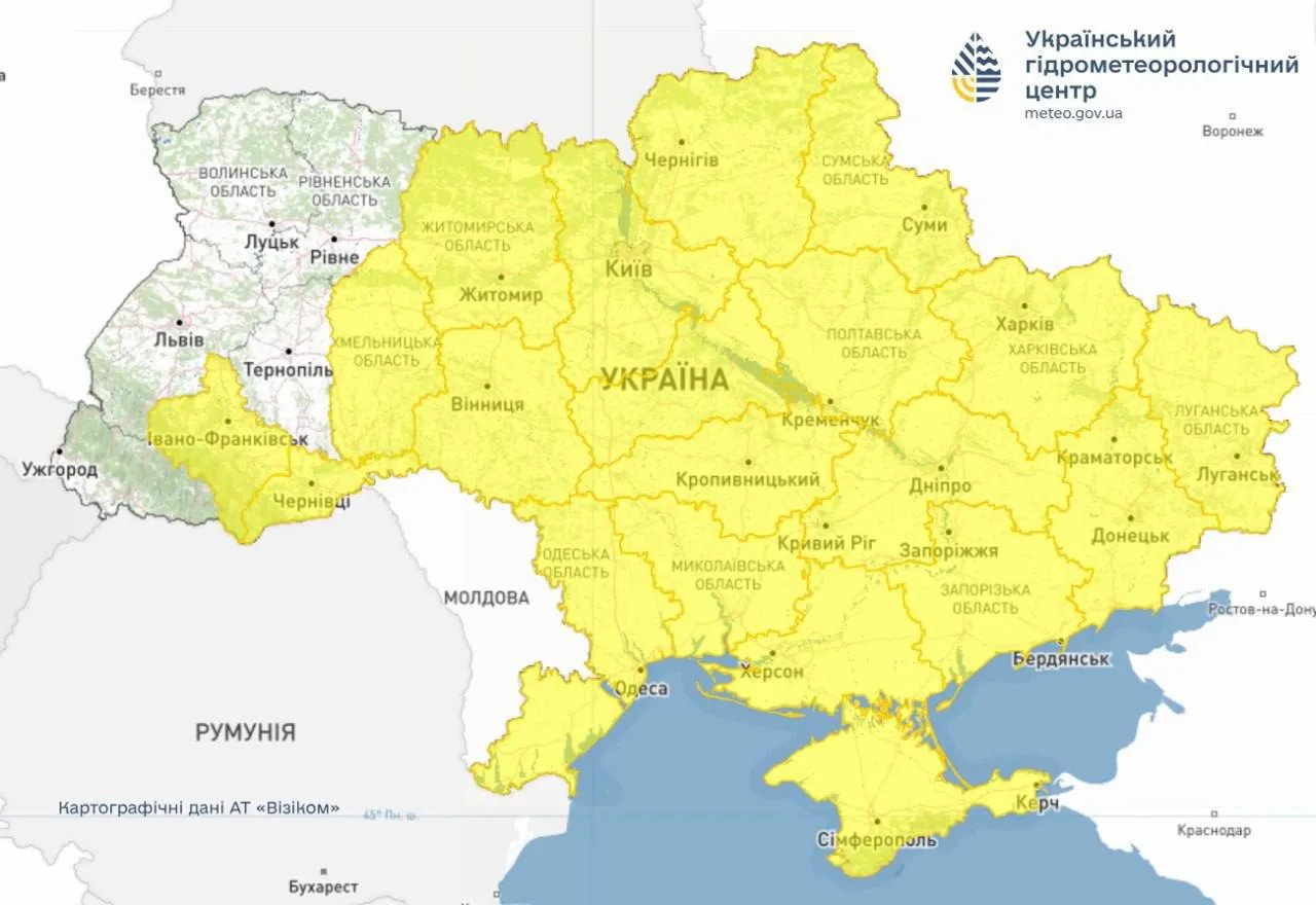 Карта України з позначенням регіонів небезпеки штормового вітру
