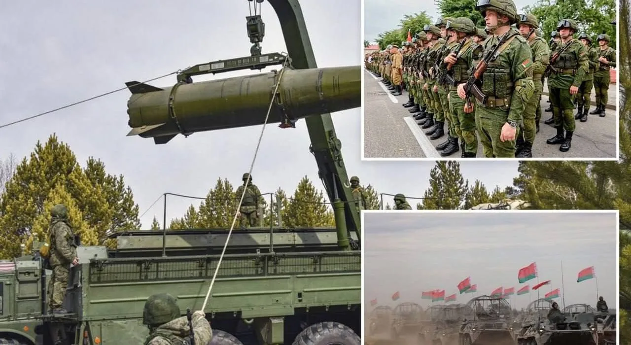 Військовий вантажний автомобіль з ракетною установкою, військовослужбовці в строю, бронетехніка на полі