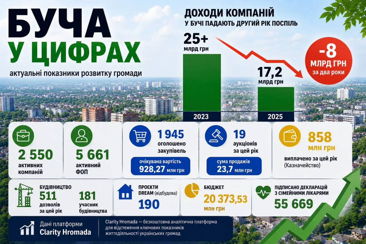 Інфографіка з показниками розвитку Бучі та статистикою компаній