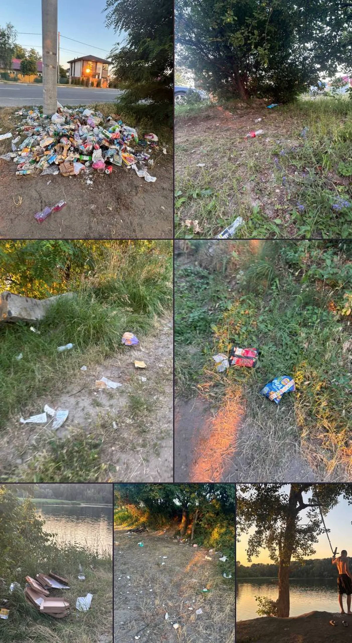 Колаж фотографій з накопиченням сміття біля озера та на прилеглій території