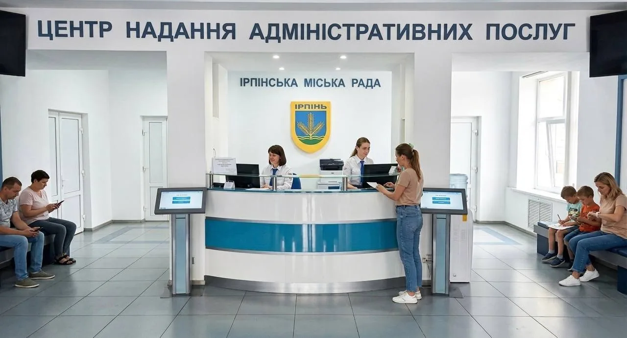 Інтер'єр центру надання адміністративних послуг з стійкою реєстрації та відвідувачами