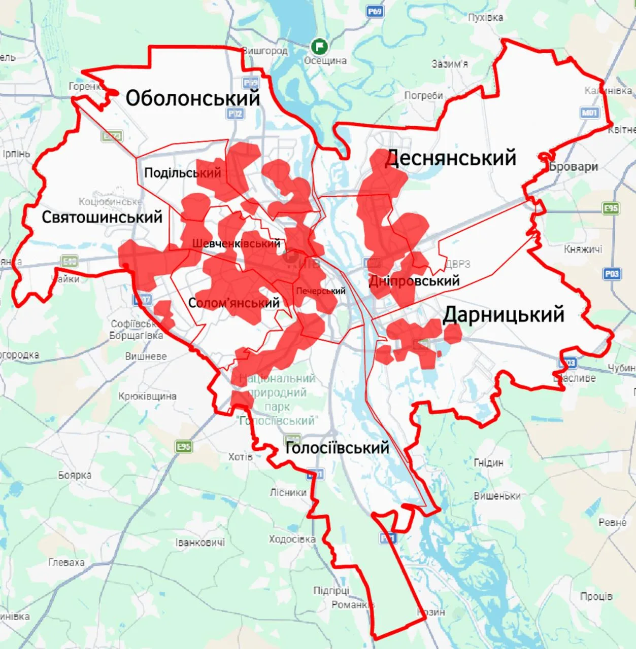 Карта Києва з позначеними районами покриття 5G