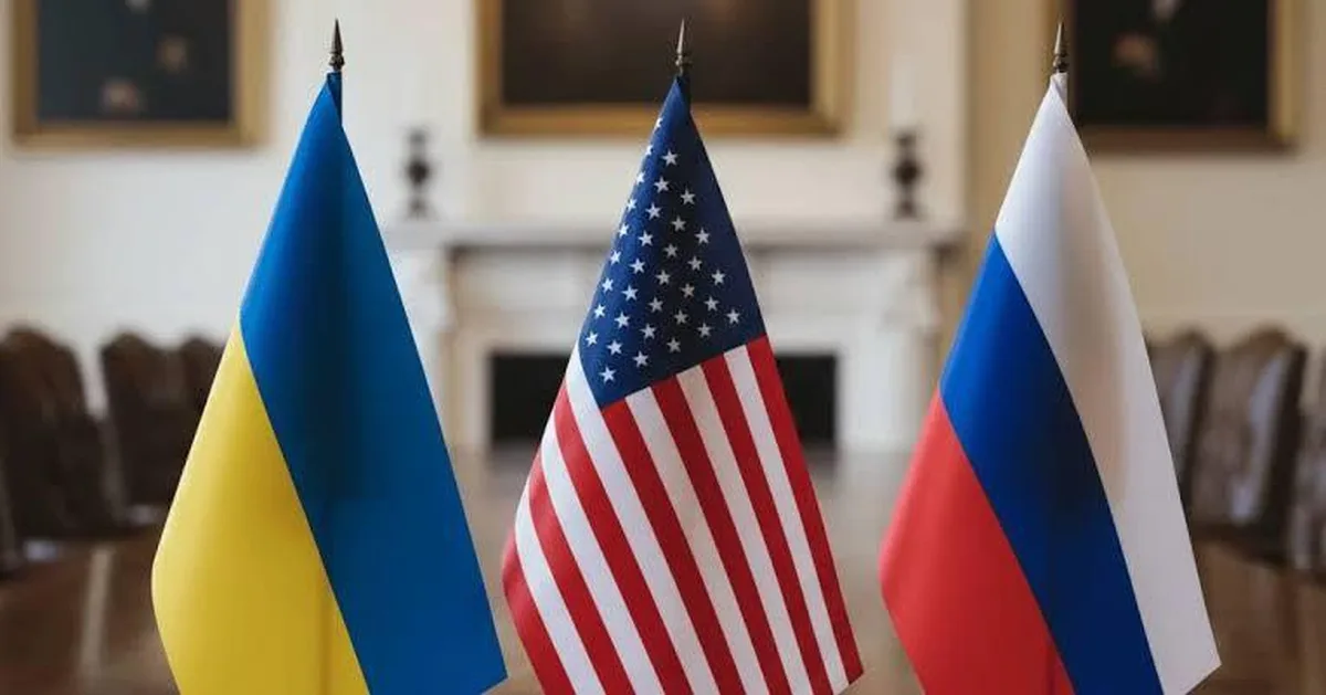 Прапори України, США та Росії в офіційному приміщенні