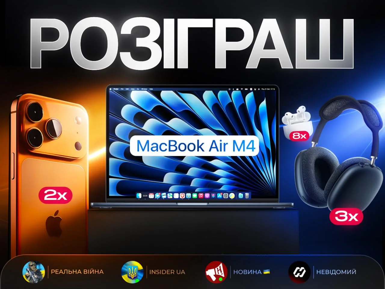 Розіграш призів: iPhone, MacBook Air M4 та навушники AirPods