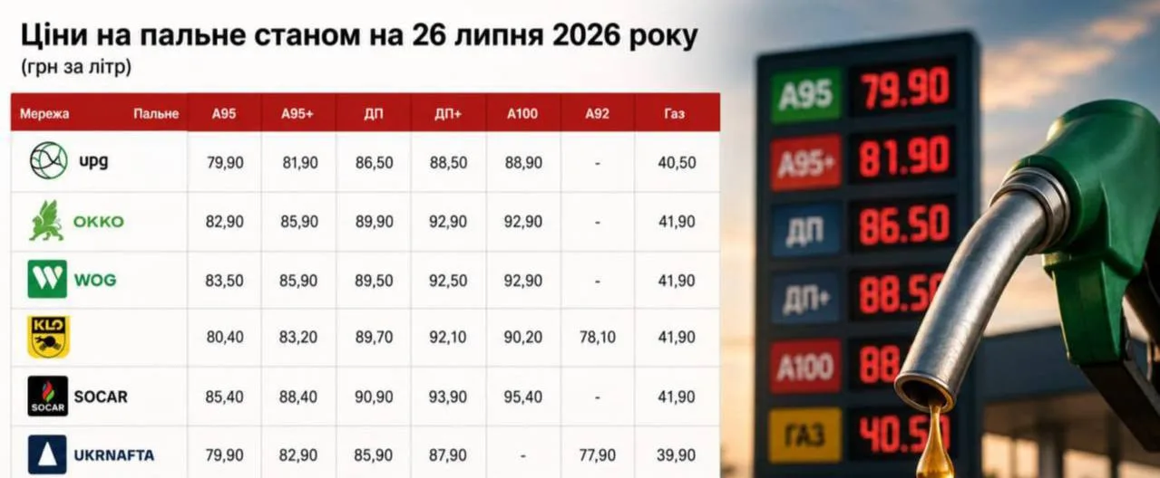 Таблиця цін на паливо на АЗС України 26 липня 2026