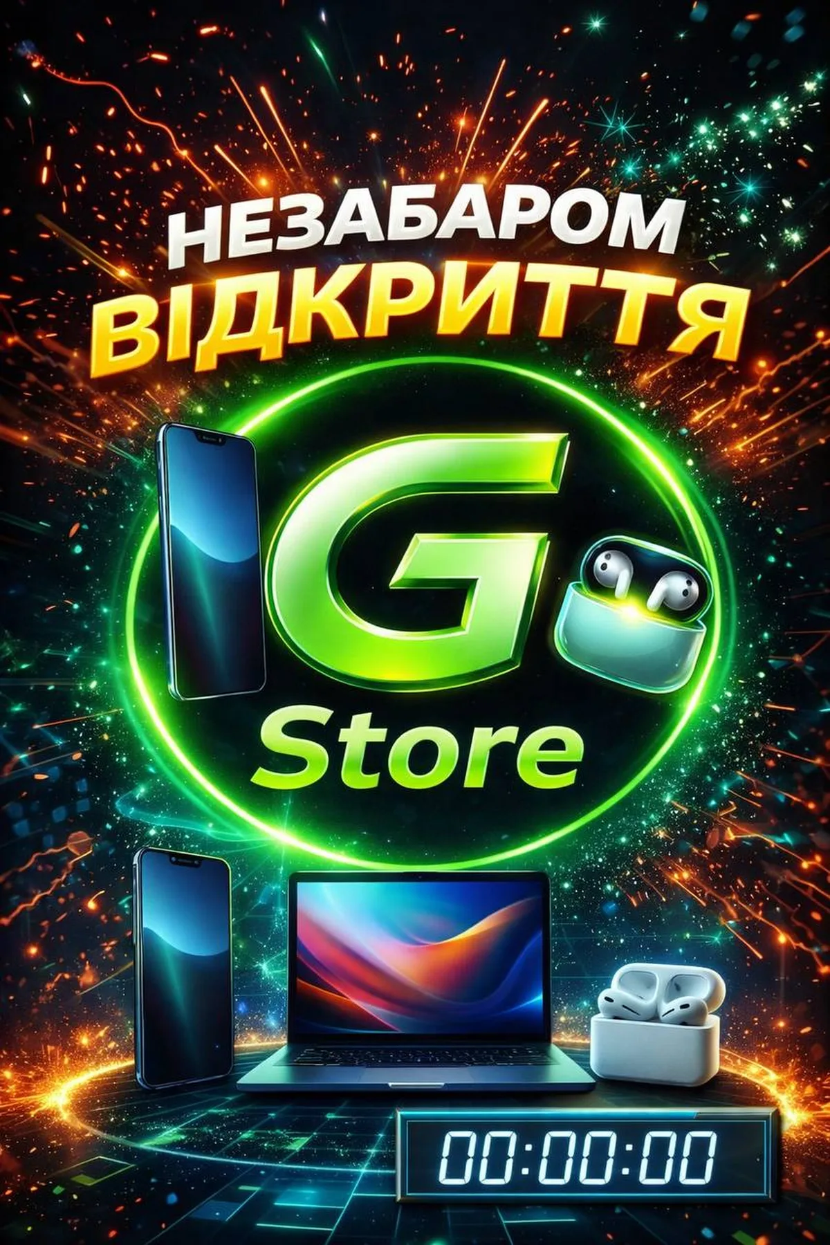 Постер магазину G Store з неоновим логотипом та електроніки