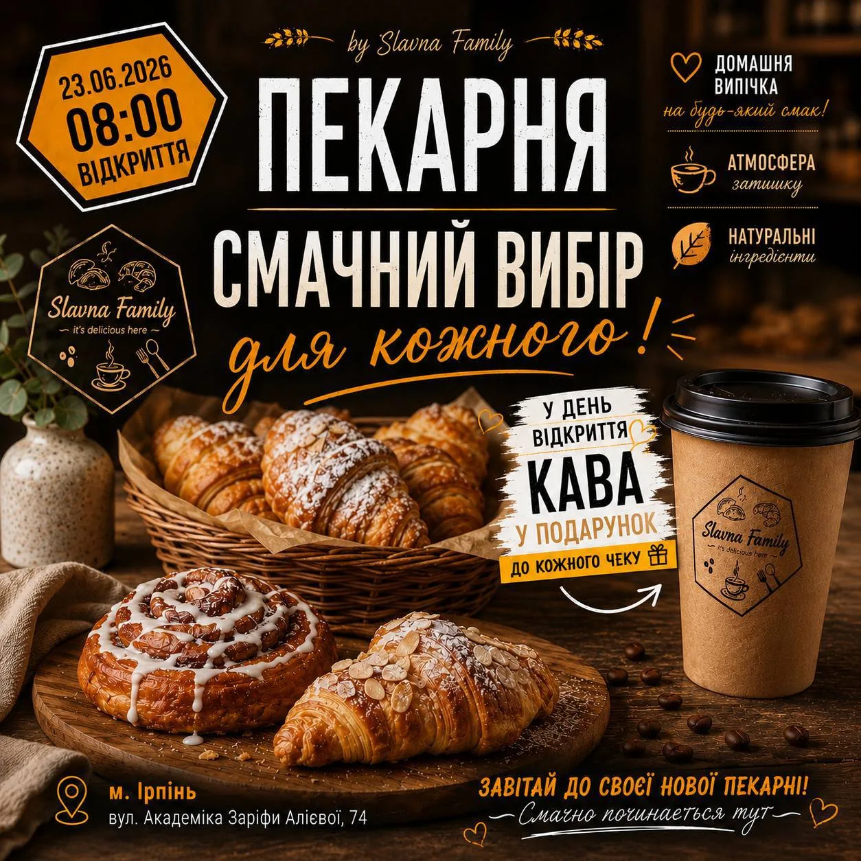 Афіша відкриття пекарні зі свіжою випічкою та кавою