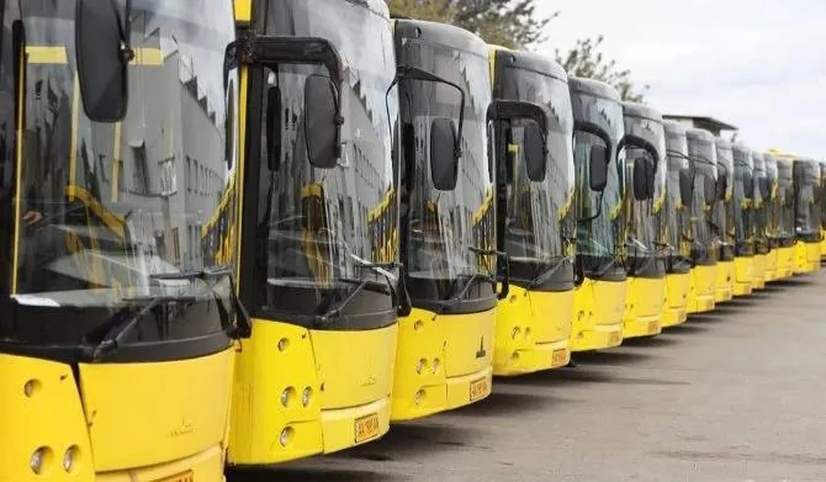 Ряд жовтих автобусів припаркованих поруч один з одним