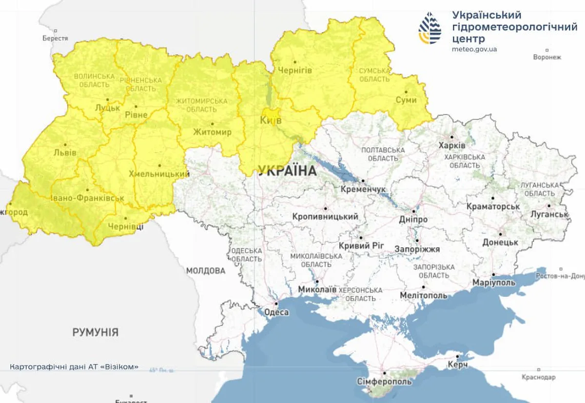 Карта України з прогнозом погоди, жовта зона небезпеки на заході