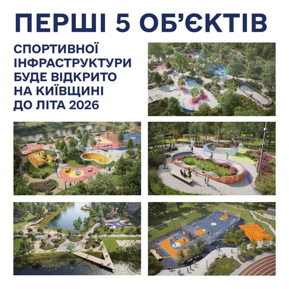 Колаж з п'яти проектів спортивних об'єктів на Київщині