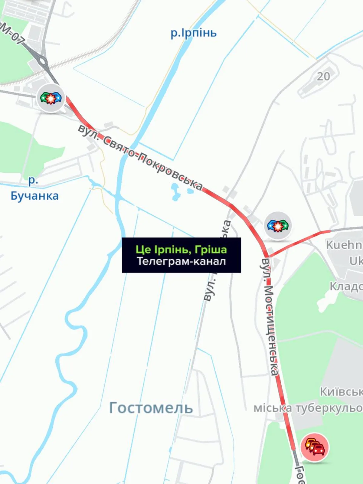 Карта з позначенням місця ДТП на Варшавській трасі біля Гостомеля