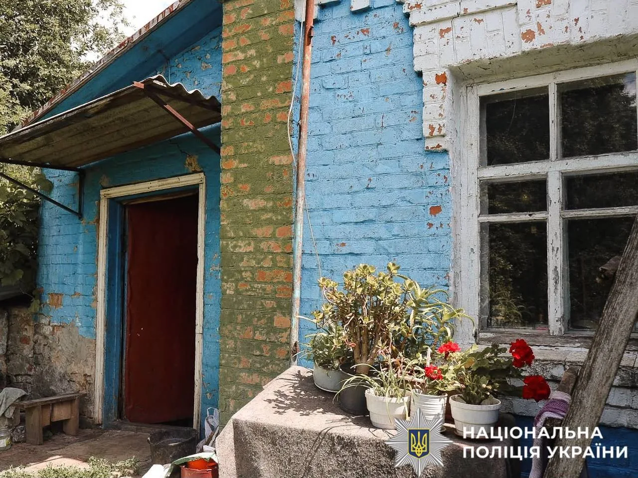Будинок з синіми стінами та червоними дверима