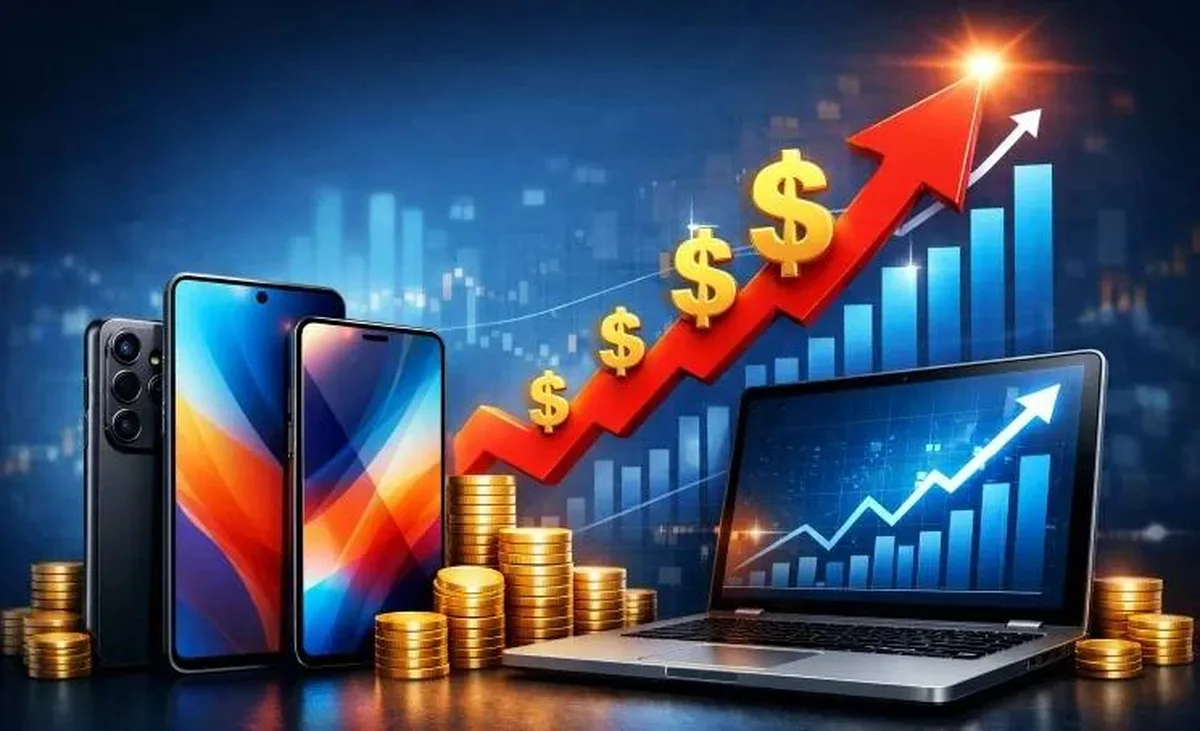 Смартфон, ноутбук, монети та графіки зростання
