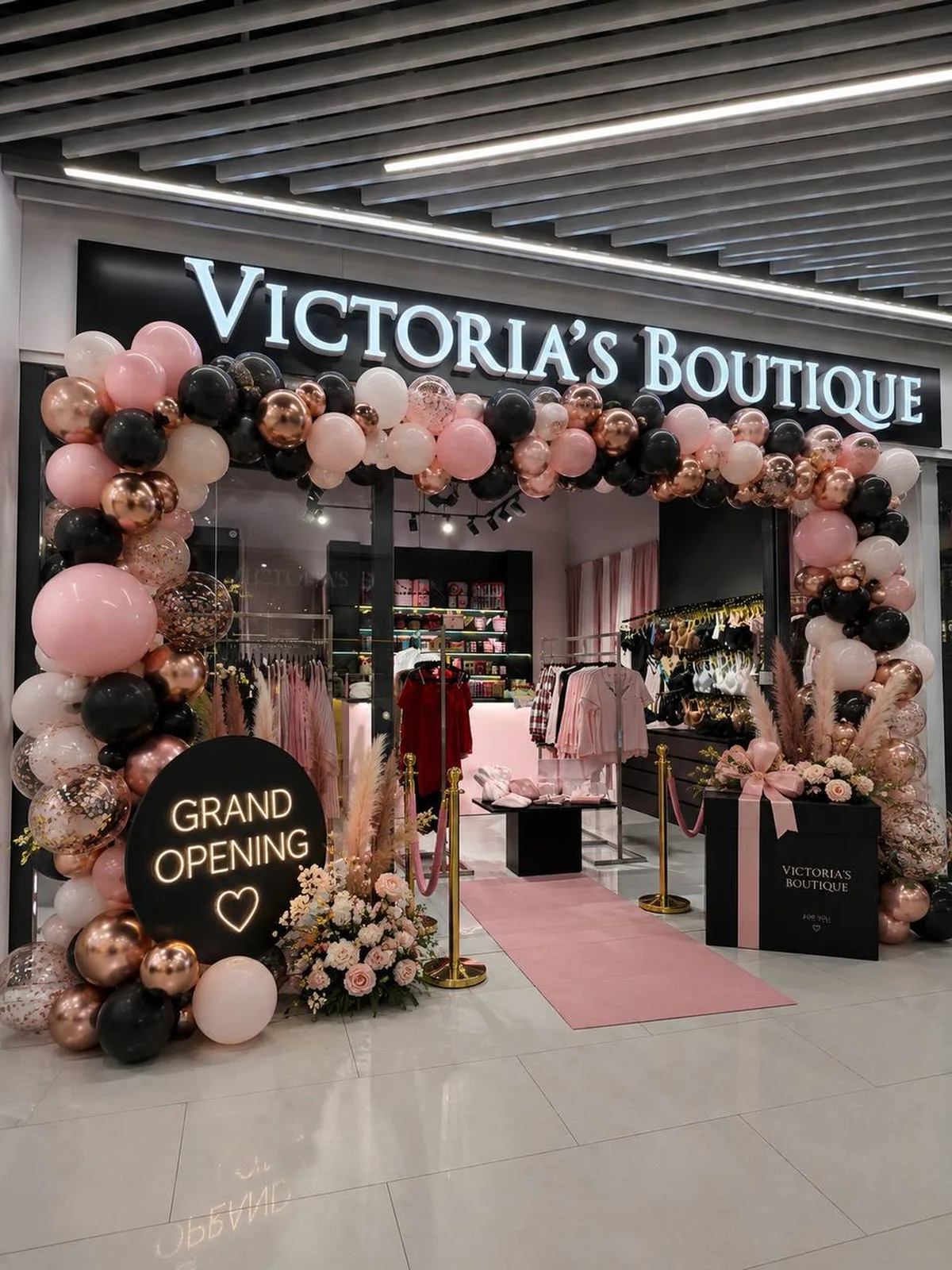 Вітрина магазину Victoria's Boutique з кульками та квітами