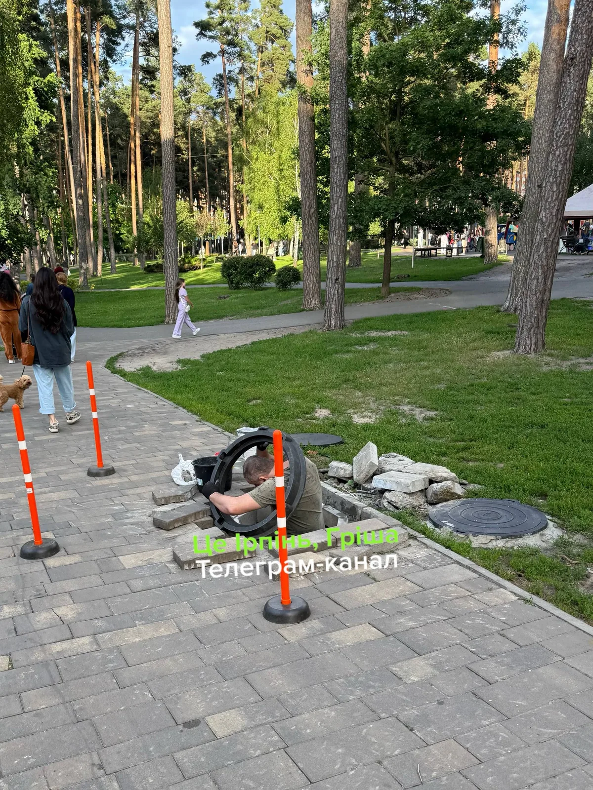 Робітники ремонтують люк у парку біля дерев