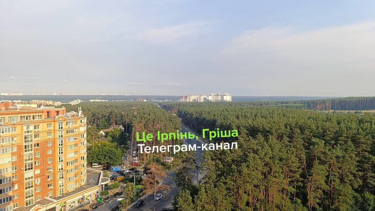 Панорамний вид на житловий район з багатоповерховим будинком та лісом