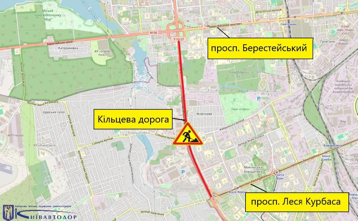 Карта Ірпеня з позначенням ділянки обмеження руху на Кільцевій дорозі