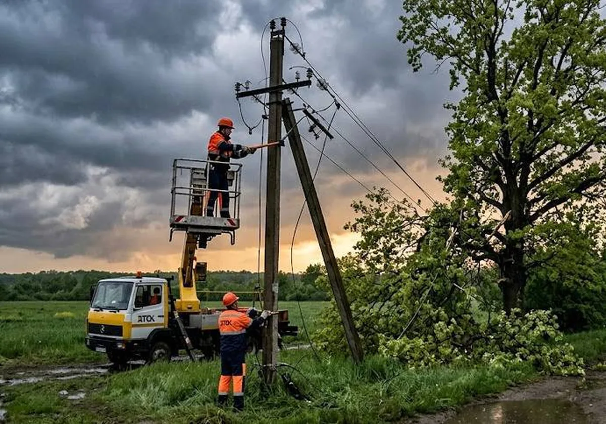 Працівники ремонтують пошкоджену лінію електропередач