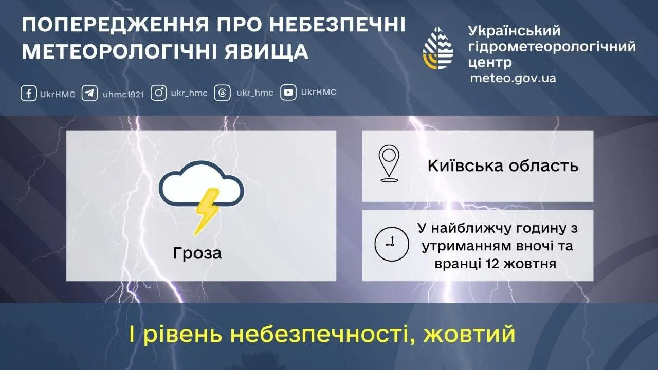 Попередження про грози в Київській області на найближчі години