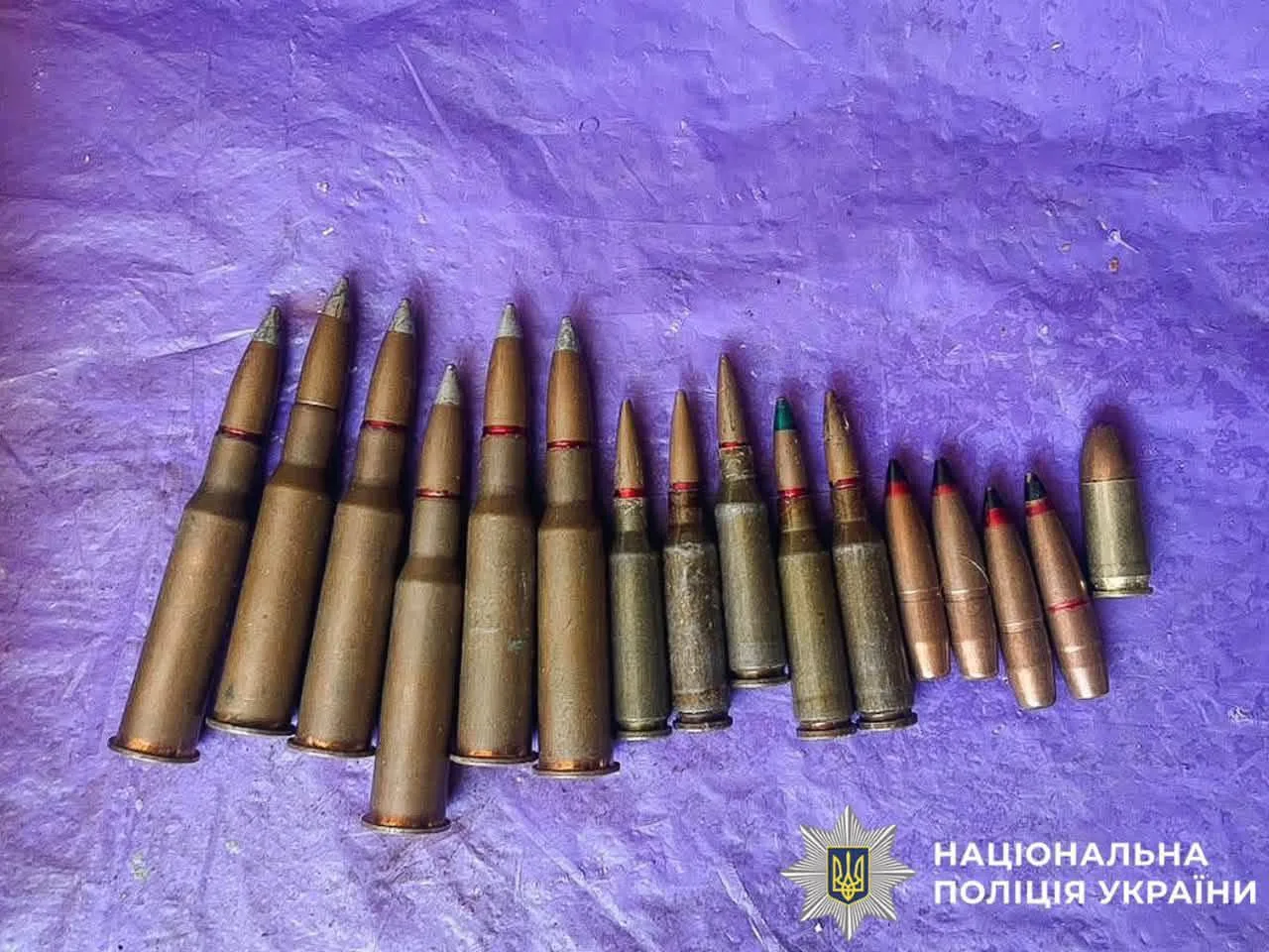 Конфісковані набої різних калібрів на фіолетовому фоні