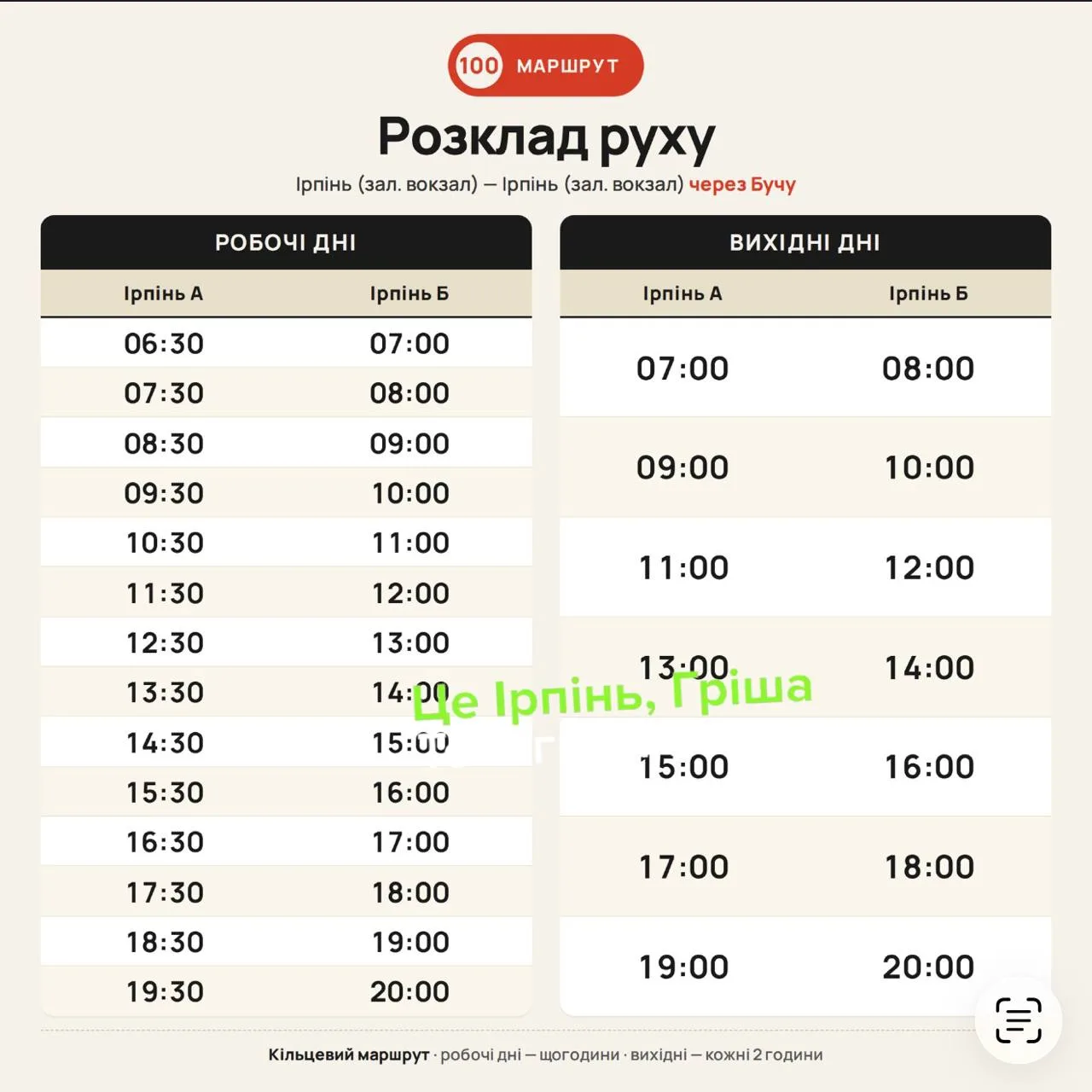 Розклад руху маршрутів 100А та 100Б Ірпінь-Буча з часами відправлення