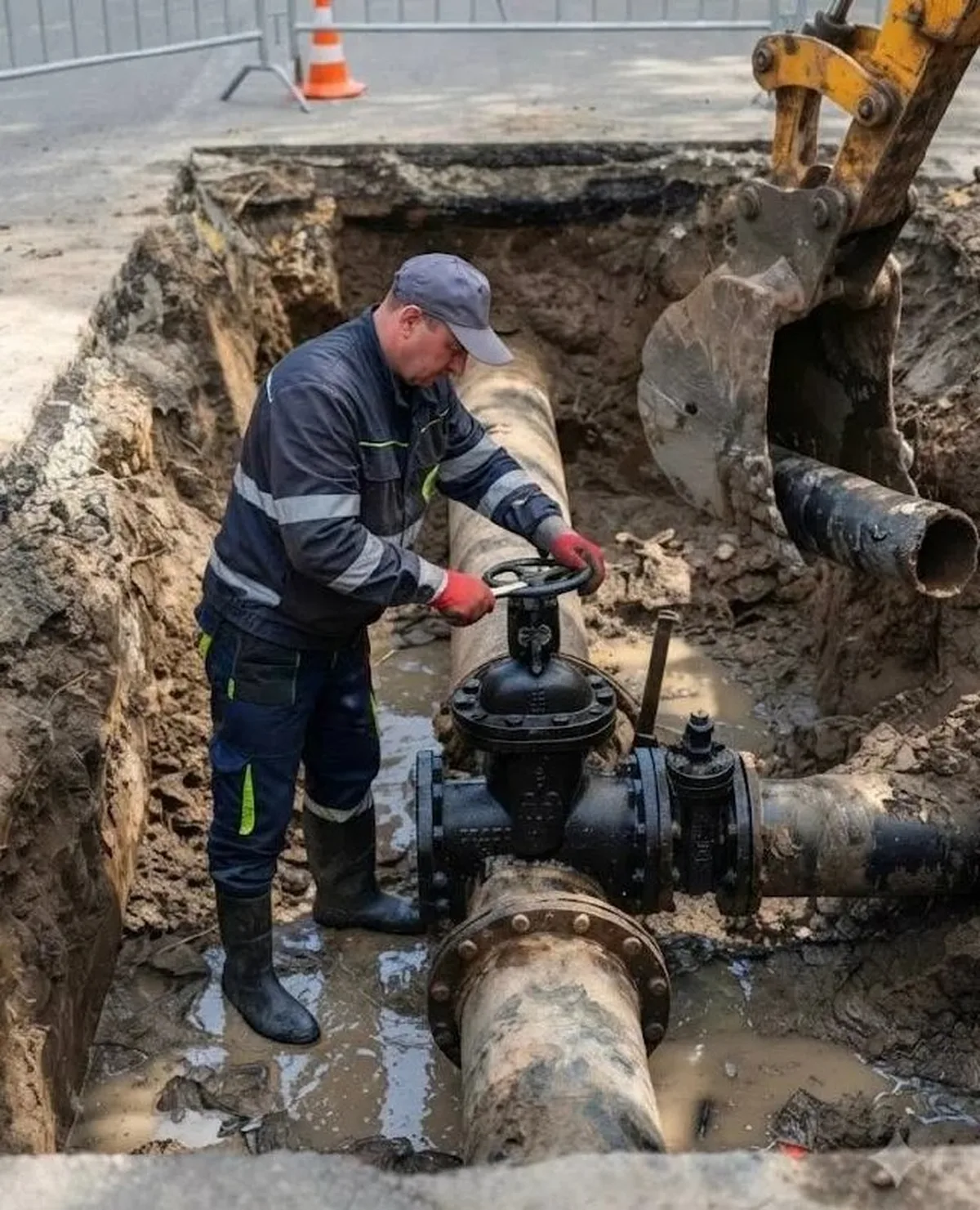 Робітник у траншеї обслуговує водопровідну трубу