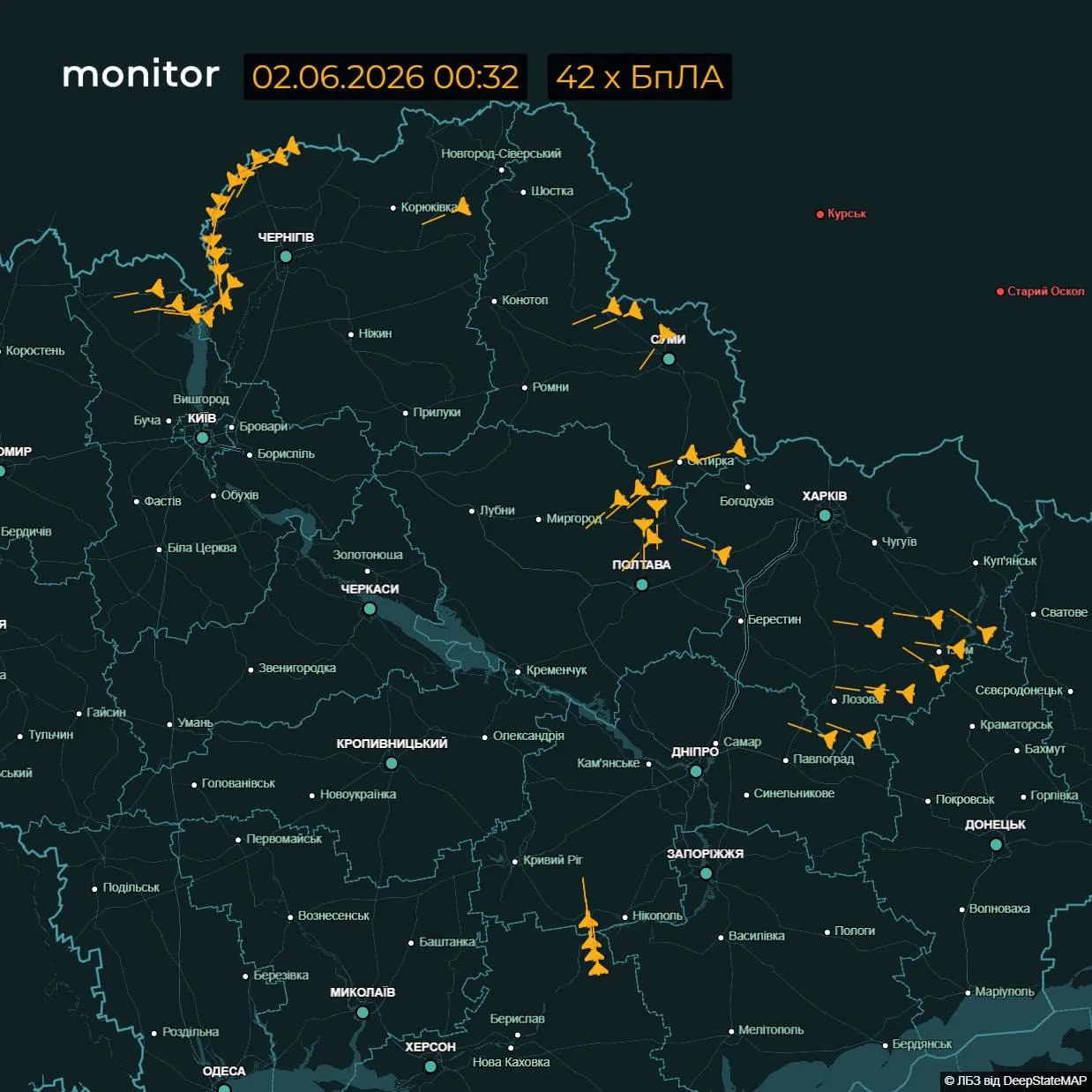 Карта України з позначеннями траєкторій безпілотників