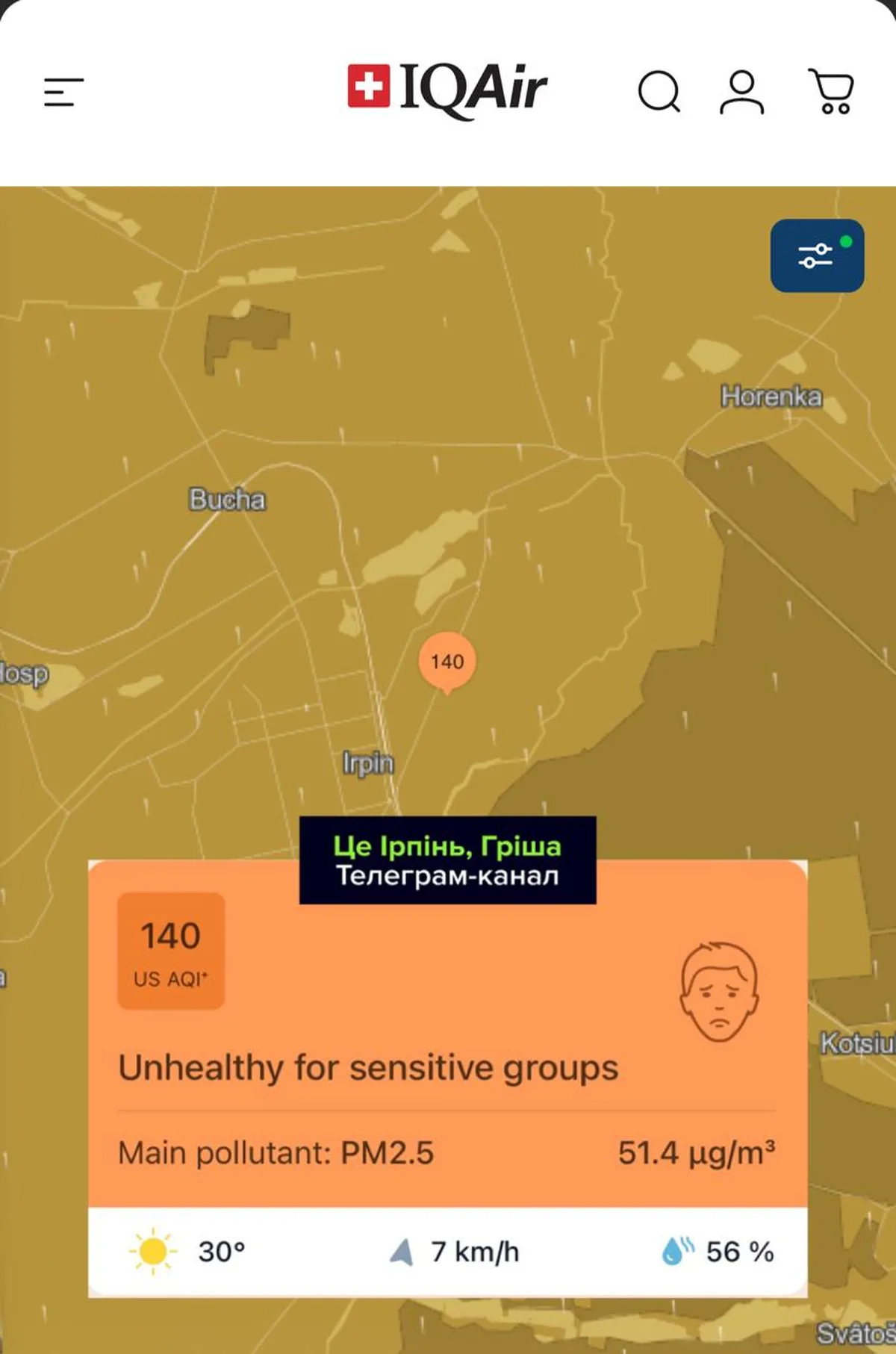 Карта якості повітря в Ірпені з показником AQI 140