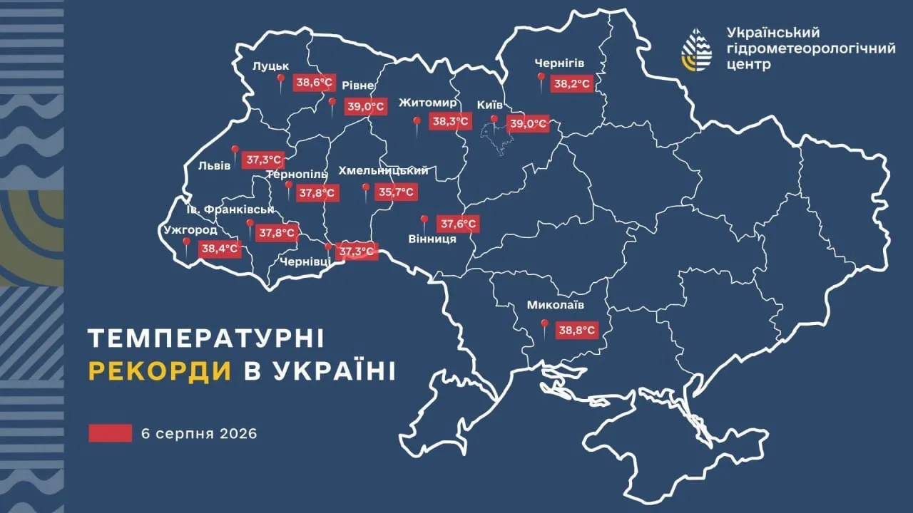 Карта України з позначеними областями температурних рекордів на 6 серпня 2026