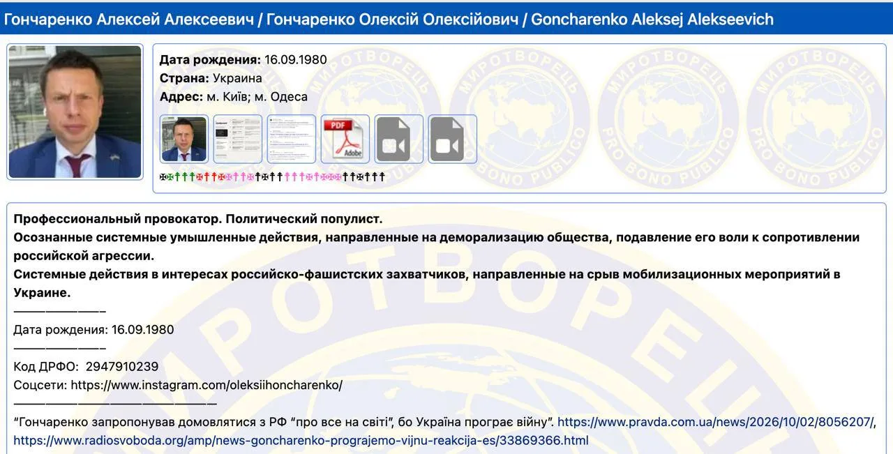 Портрет чоловіка в костюмі та галстуку з інформацією про дату народження та посаду