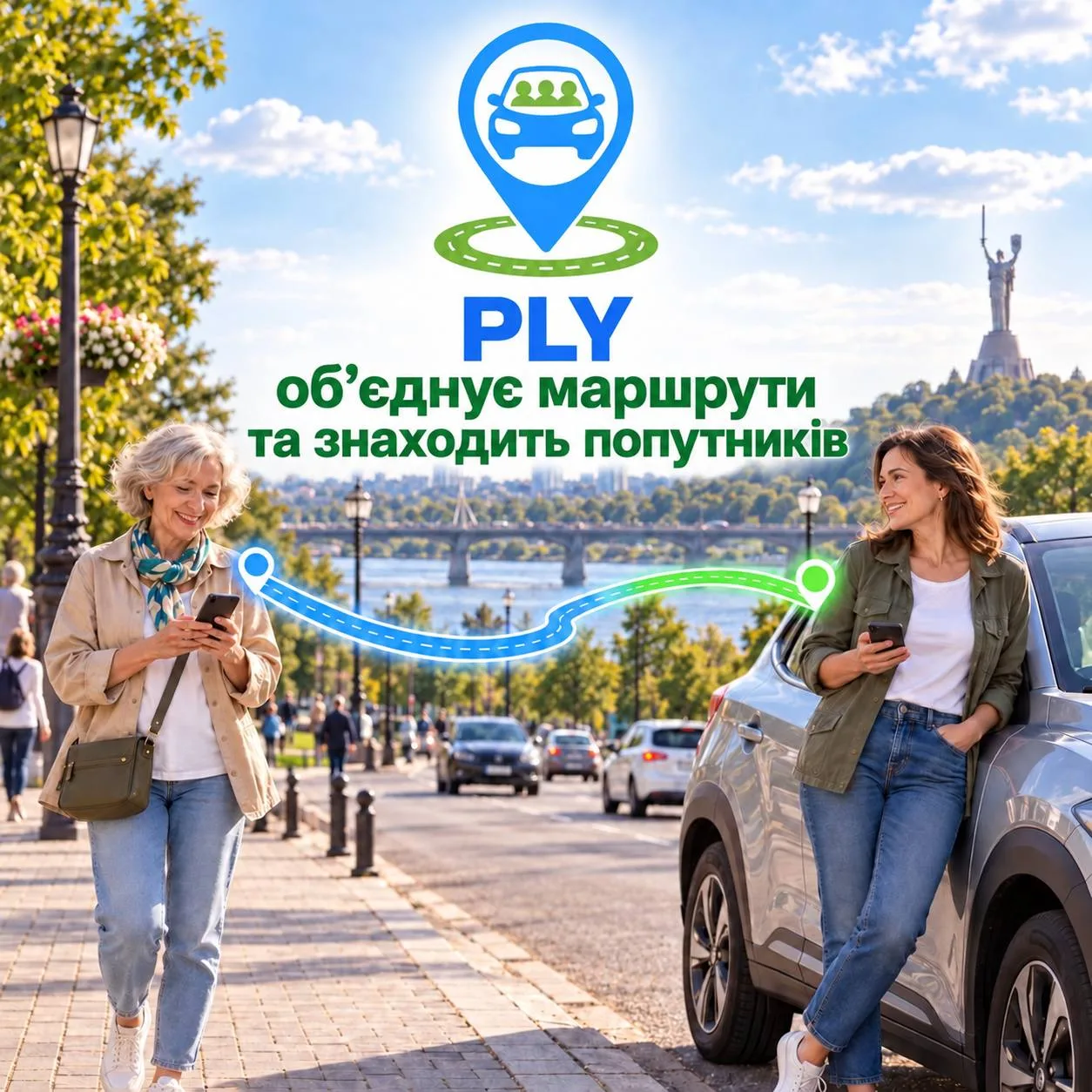Дві жінки на вулиці біля припаркованих автомобілів з логотипом сервісу PLY
