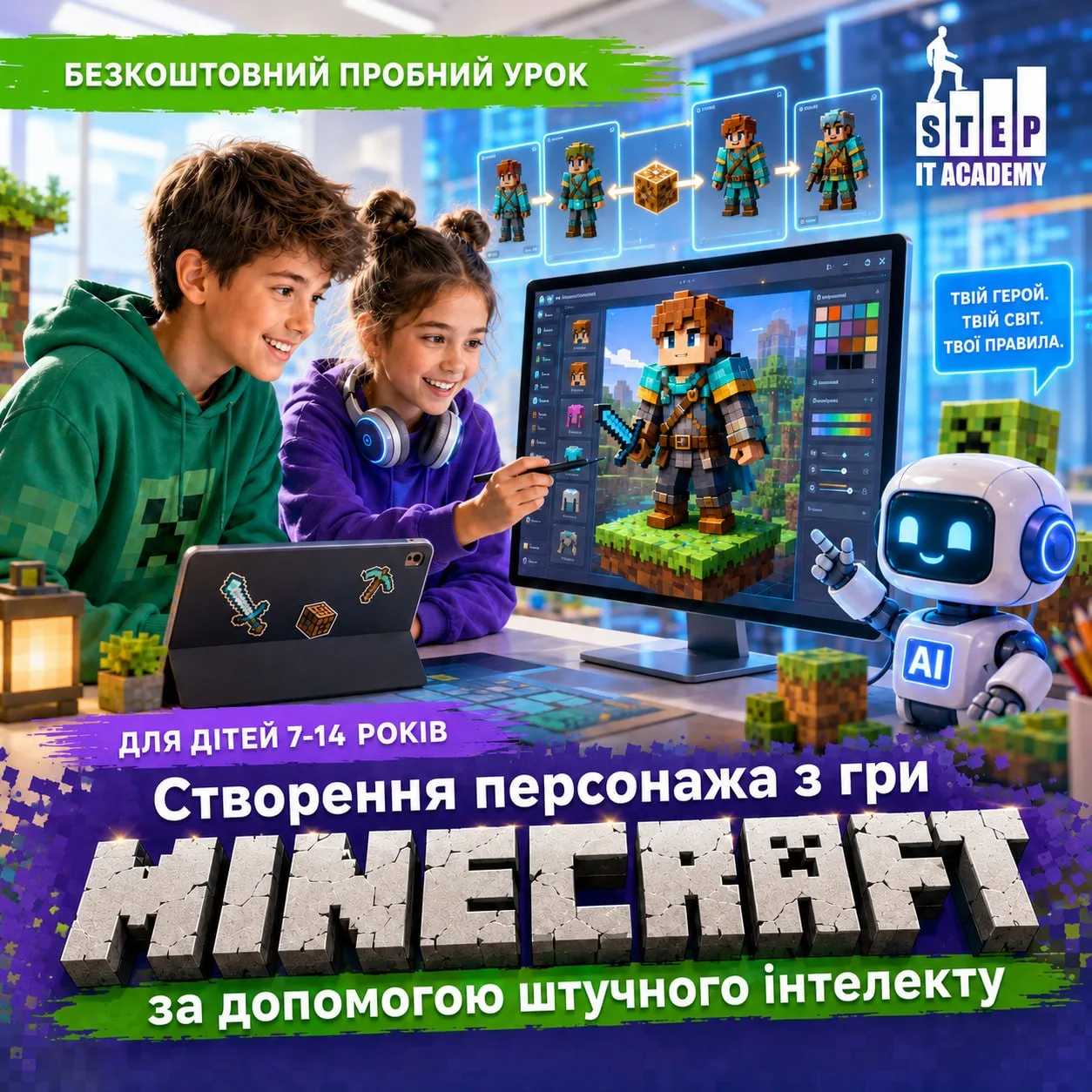 Двоє дітей біля монітора з персонажем Minecraft та робот AI