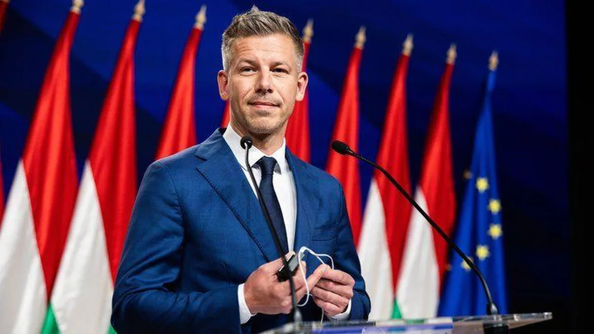 Чоловік у синьому костюмі біля мікрофона та угорських прапорів