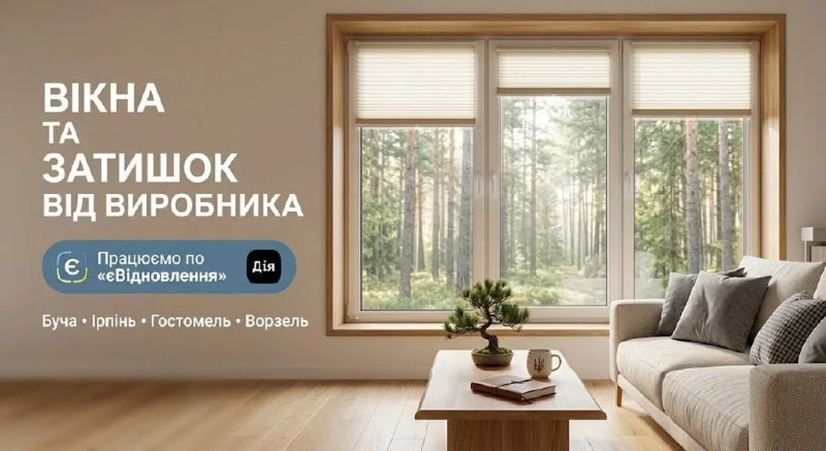 Сучасна вітальня з великими вікнами та видом на ліс