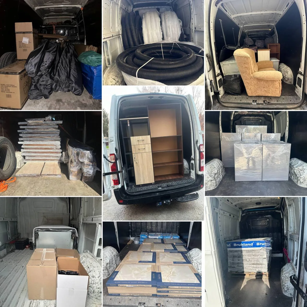 Колаж фотографій вантажних автомобілів з меблями та коробками