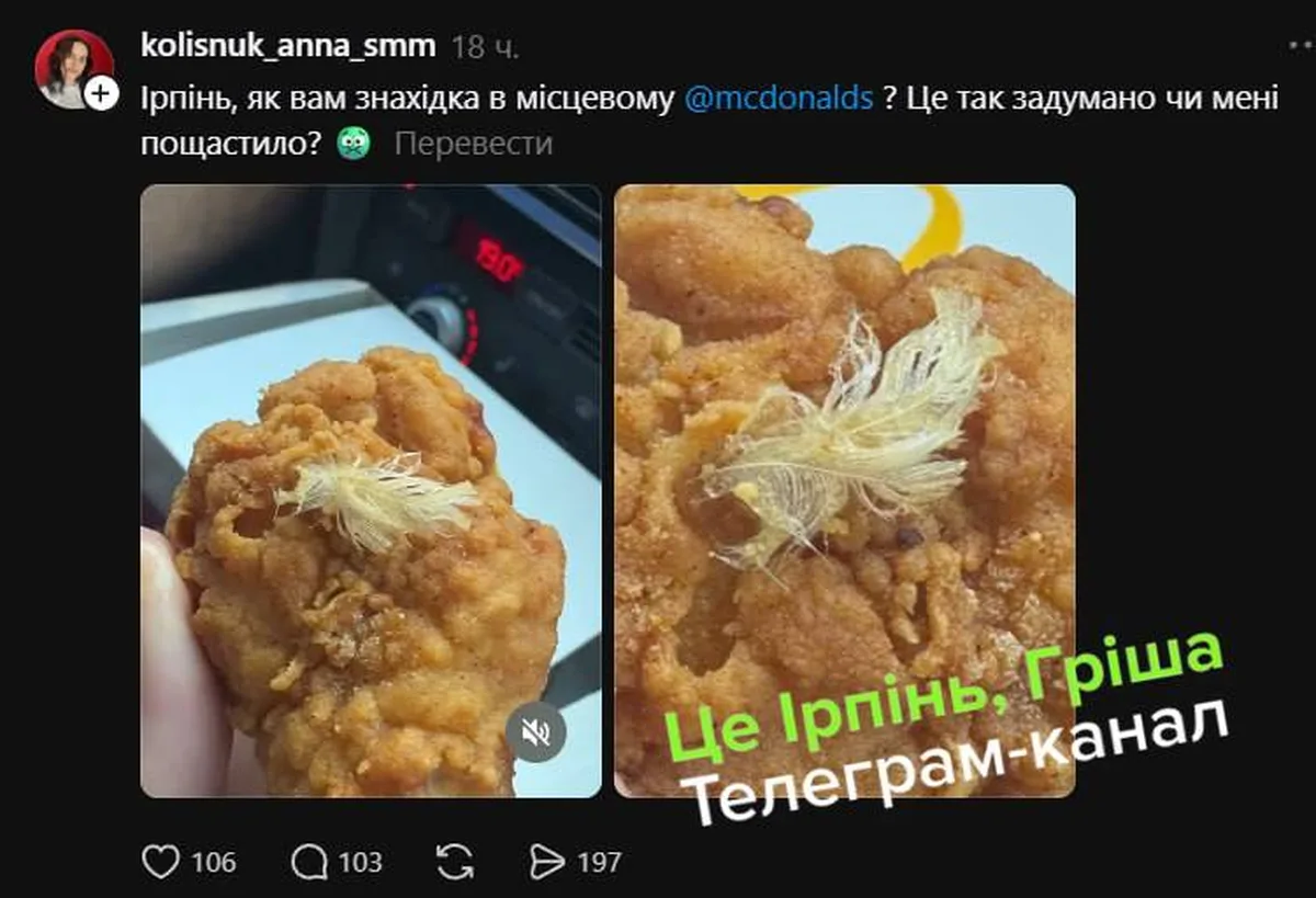 Два фото нагетсів з видимим пір'ям всередині