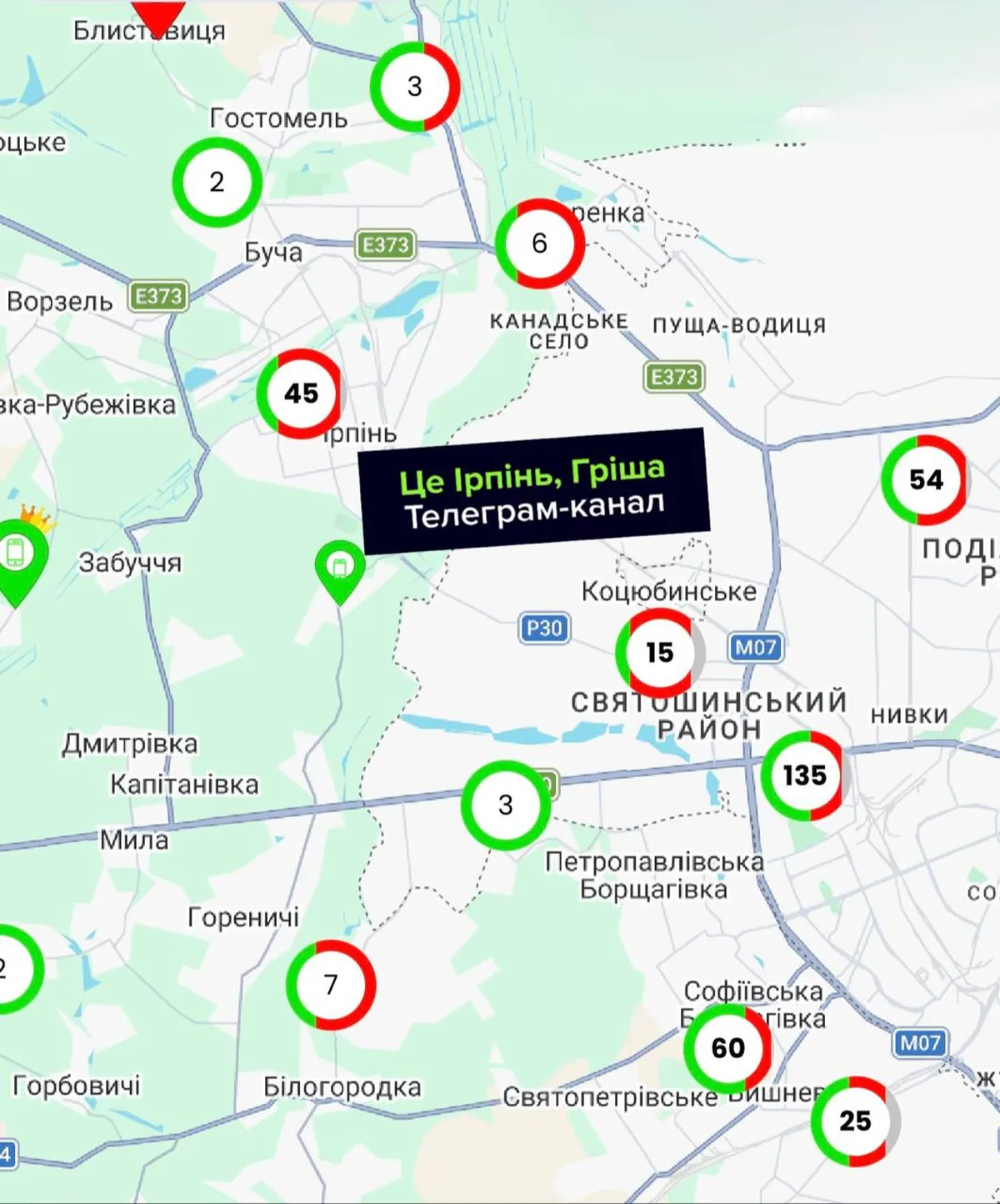 Карта Бучанського району з позначеними номерами населених пунктів