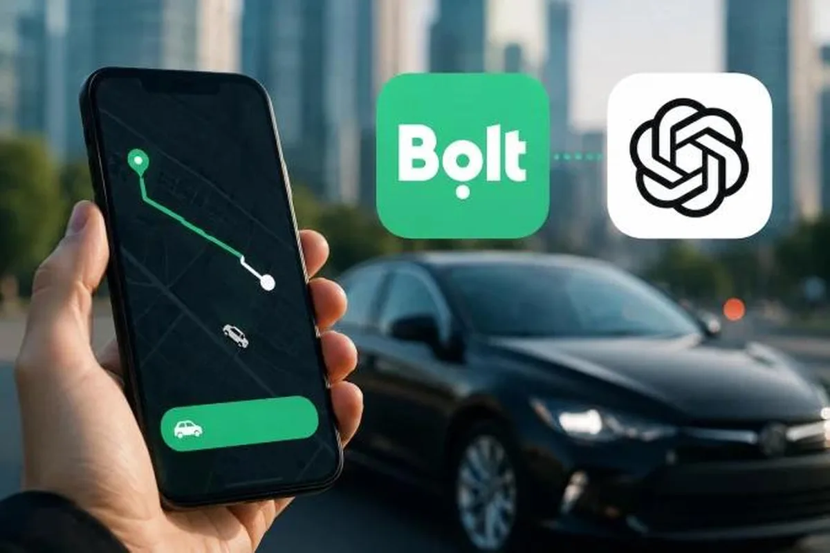 Рука тримає смартфон з додатком Bolt, логотипи Bolt та ChatGPT, автомобіль на фоні