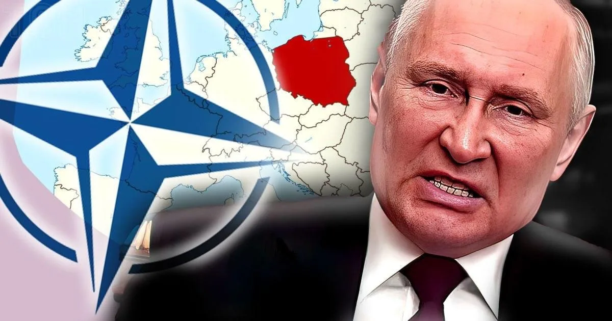 Логотип НАТО, карта Європи з виділеною Польщею, портрет чоловіка