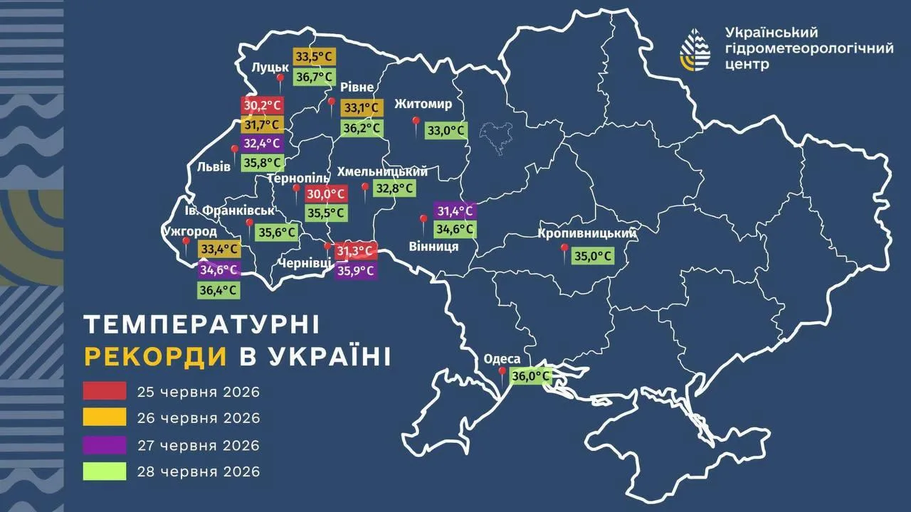 Карта України з позначеннями температурних рекордів по регіонах