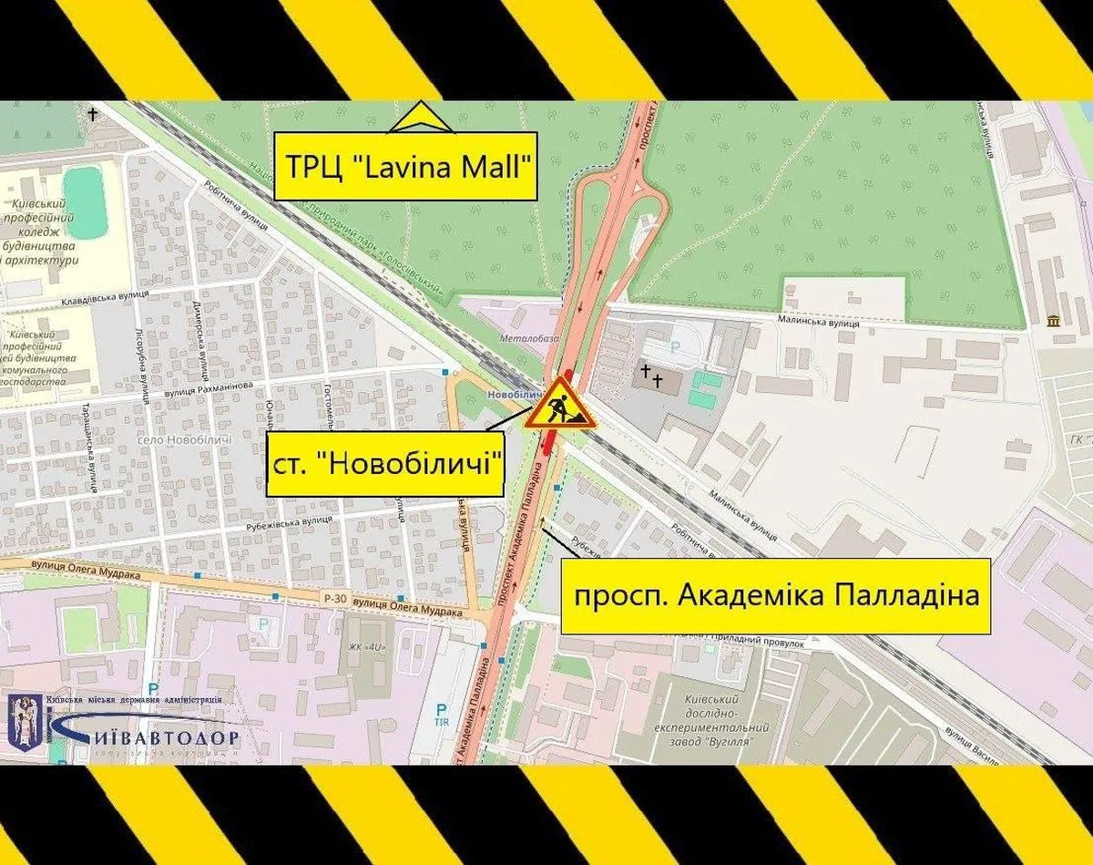 Карта з позначенням ТРЦ Lavina Mall, вулиці Новобіличі та проспекту Академіка Палладіна