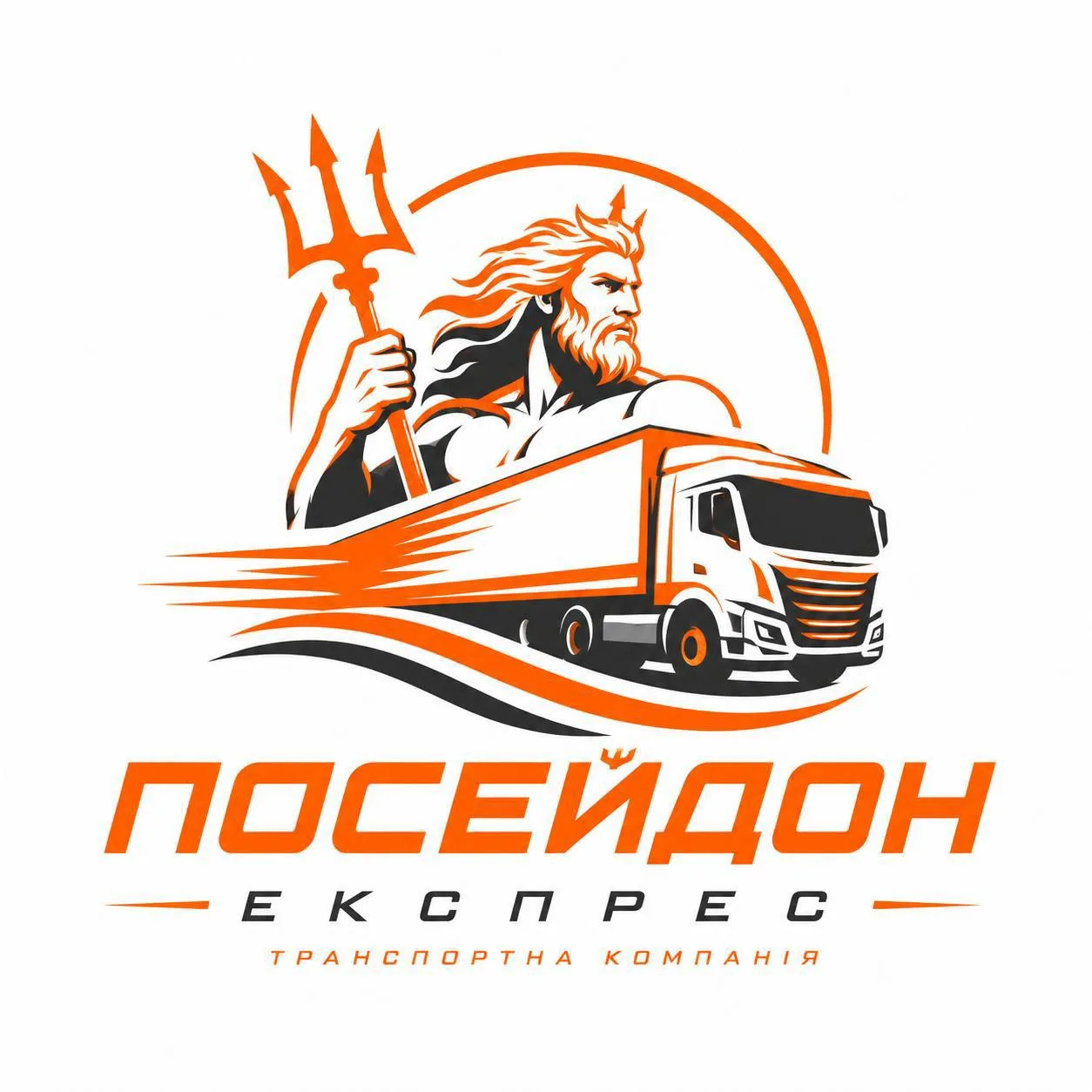 Логотип транспортної компанії з вантажівкою та тризубцем