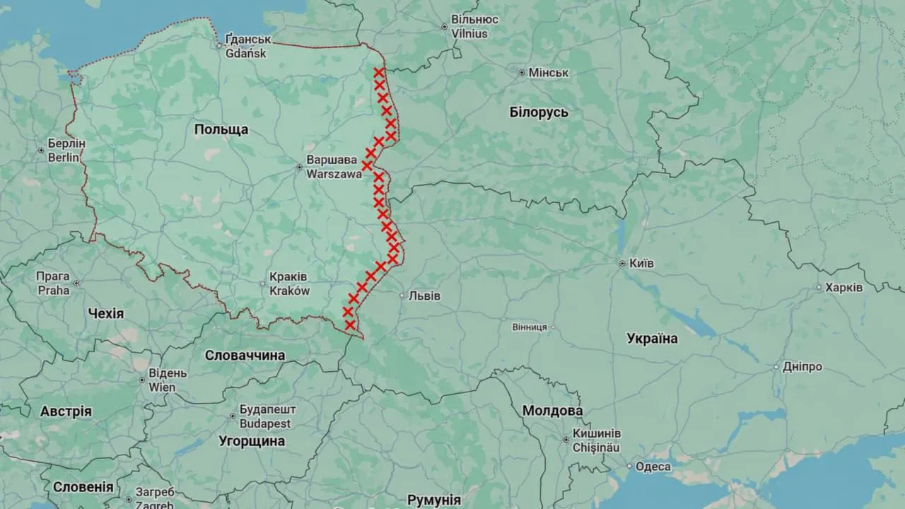 Карта Польщі та України з позначеною лінією кордону