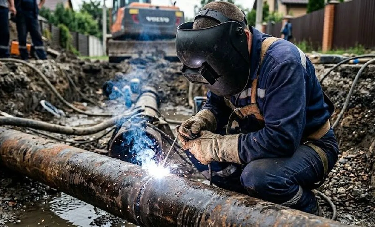 Робітник зварює трубопровід на вулиці