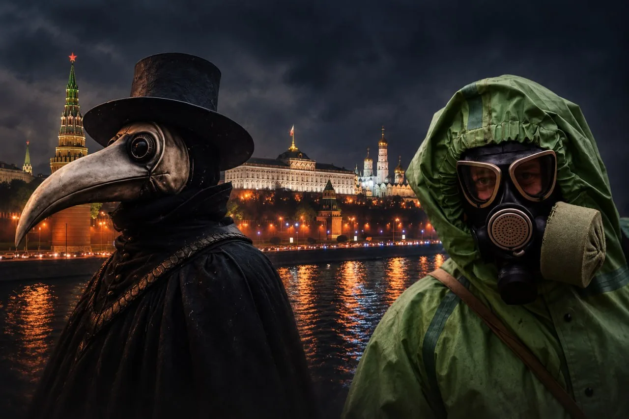 Люди в костюмах чуми на фоні Кремля