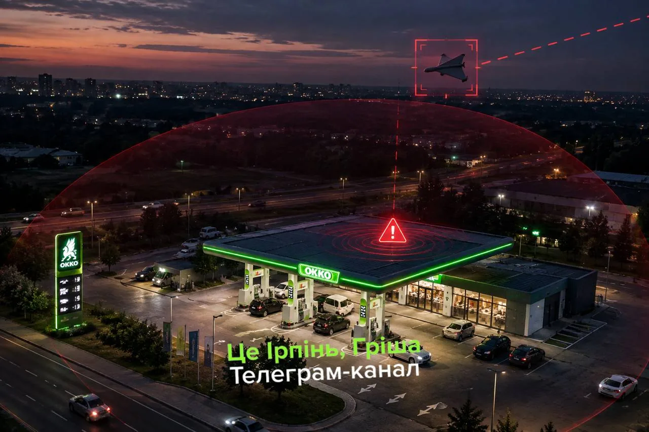 Автозаправна станція з червоним сигналом попередження в сутінках