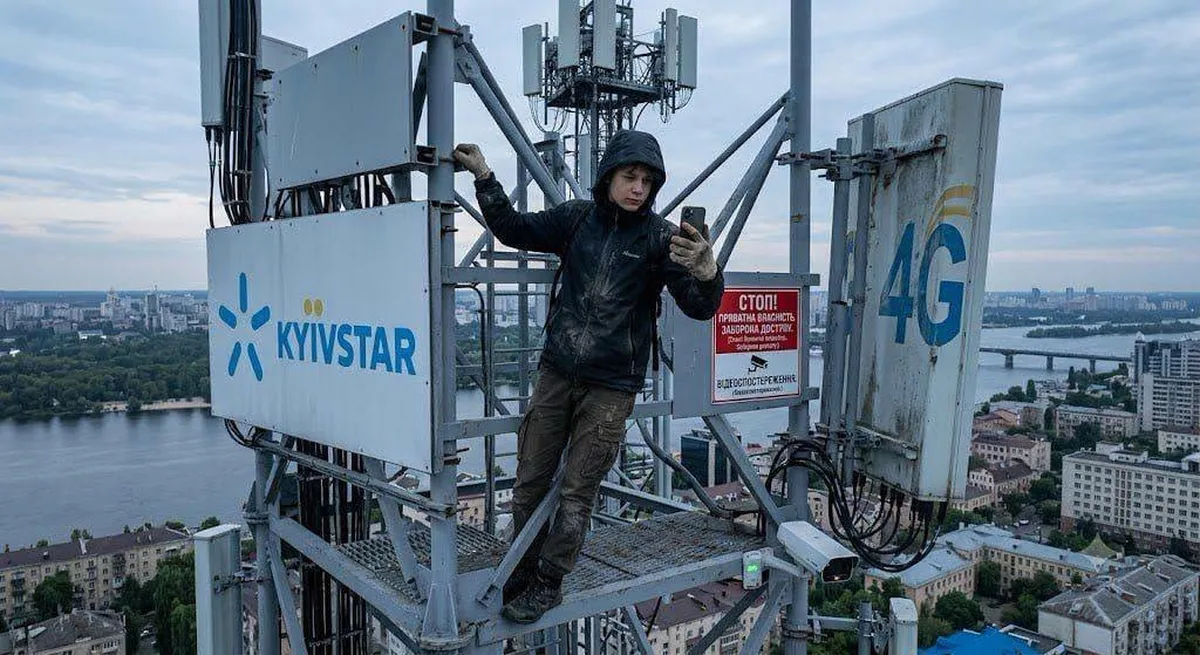 Працівник на вежі мобільного зв'язку Kyivstar на висоті